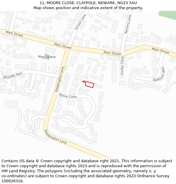 11, MOORE CLOSE, CLAYPOLE, NEWARK, NG23 5AU: Location map and indicative extent of plot