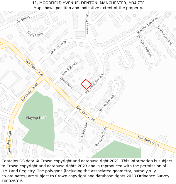 11, MOORFIELD AVENUE, DENTON, MANCHESTER, M34 7TF: Location map and indicative extent of plot