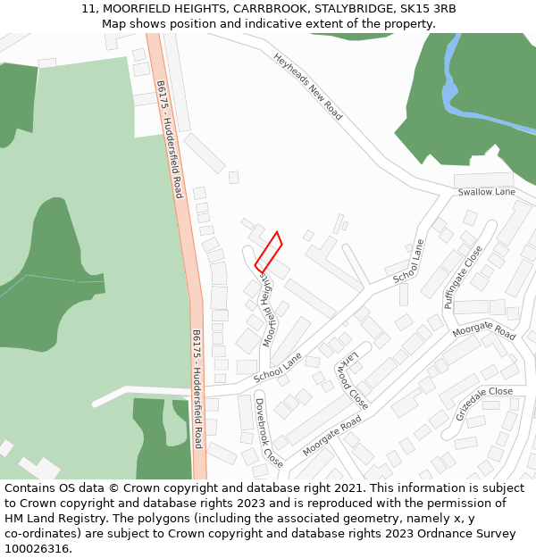 11, MOORFIELD HEIGHTS, CARRBROOK, STALYBRIDGE, SK15 3RB: Location map and indicative extent of plot