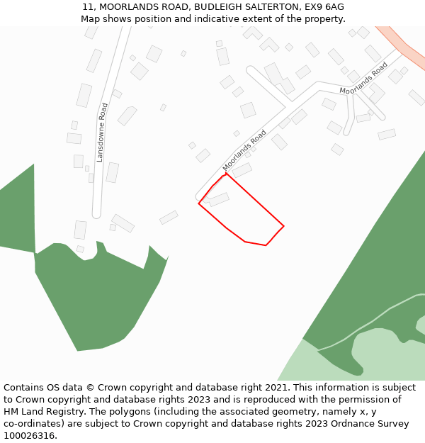 11, MOORLANDS ROAD, BUDLEIGH SALTERTON, EX9 6AG: Location map and indicative extent of plot