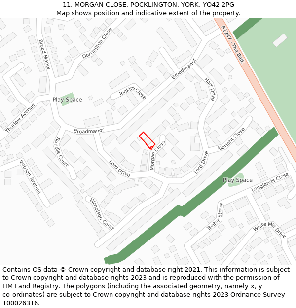 11, MORGAN CLOSE, POCKLINGTON, YORK, YO42 2PG: Location map and indicative extent of plot