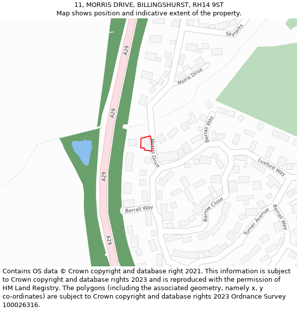 11, MORRIS DRIVE, BILLINGSHURST, RH14 9ST: Location map and indicative extent of plot