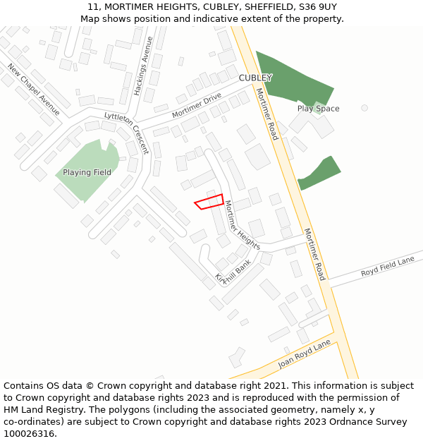 11, MORTIMER HEIGHTS, CUBLEY, SHEFFIELD, S36 9UY: Location map and indicative extent of plot