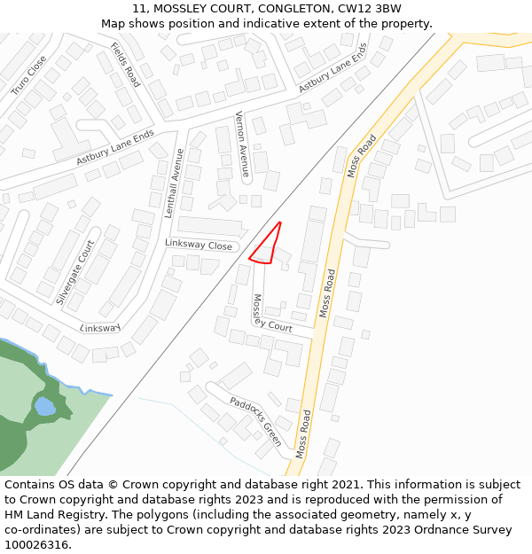 11, MOSSLEY COURT, CONGLETON, CW12 3BW: Location map and indicative extent of plot