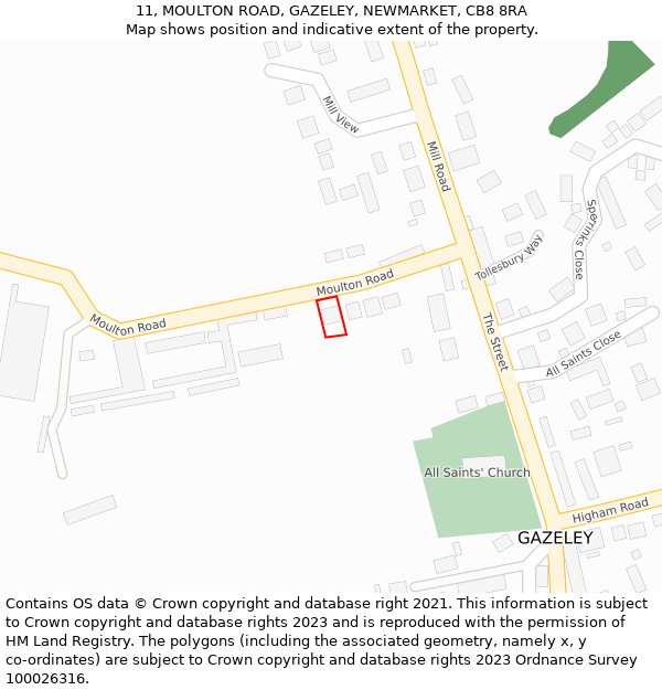 11, MOULTON ROAD, GAZELEY, NEWMARKET, CB8 8RA: Location map and indicative extent of plot