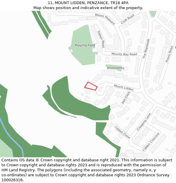 11, MOUNT LIDDEN, PENZANCE, TR18 4PA: Location map and indicative extent of plot