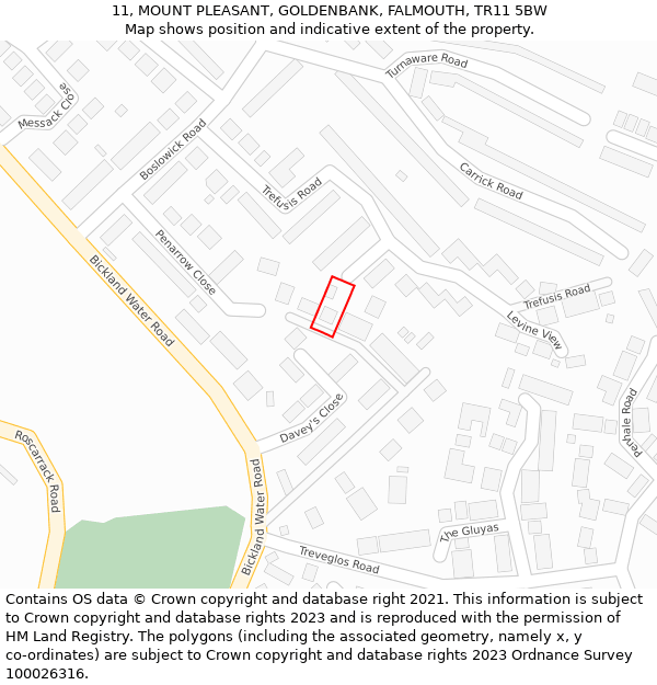 11, MOUNT PLEASANT, GOLDENBANK, FALMOUTH, TR11 5BW: Location map and indicative extent of plot