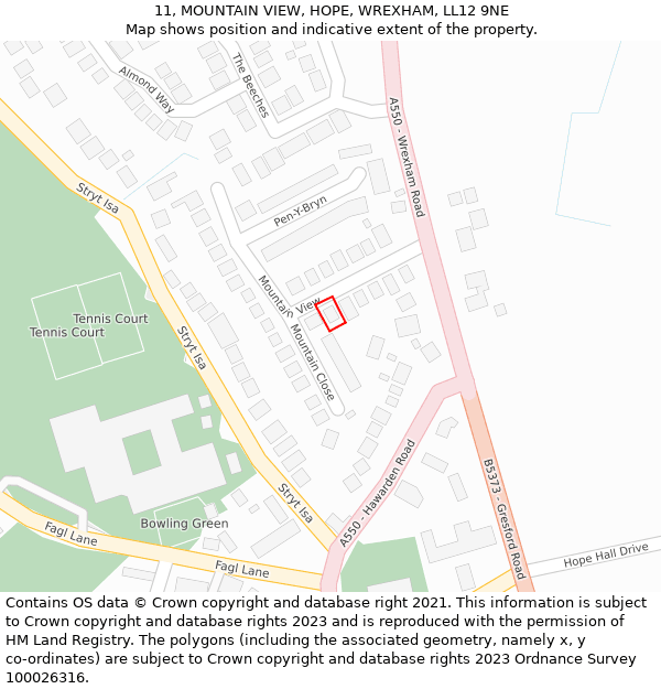 11, MOUNTAIN VIEW, HOPE, WREXHAM, LL12 9NE: Location map and indicative extent of plot