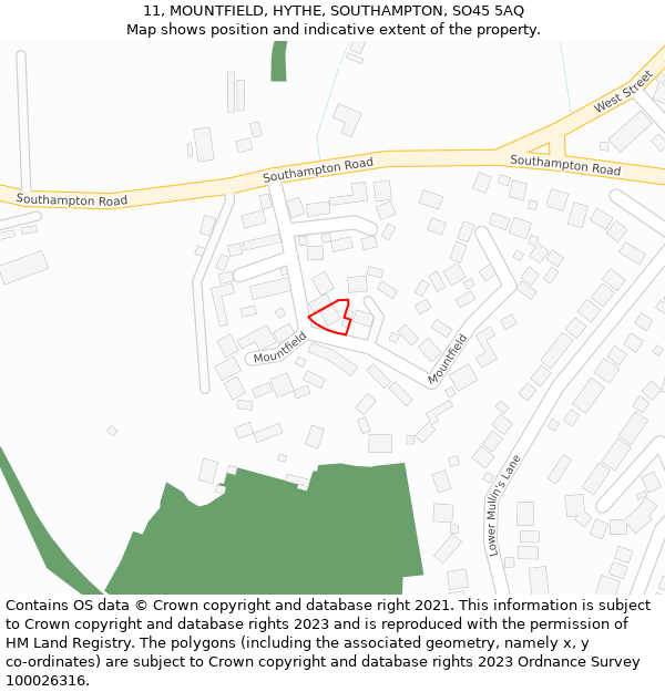 11, MOUNTFIELD, HYTHE, SOUTHAMPTON, SO45 5AQ: Location map and indicative extent of plot