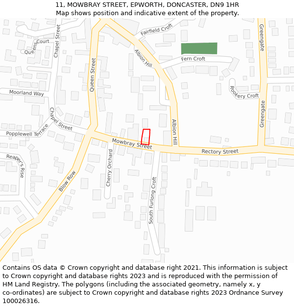 11, MOWBRAY STREET, EPWORTH, DONCASTER, DN9 1HR: Location map and indicative extent of plot