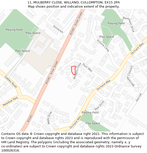 11, MULBERRY CLOSE, WILLAND, CULLOMPTON, EX15 2PA: Location map and indicative extent of plot