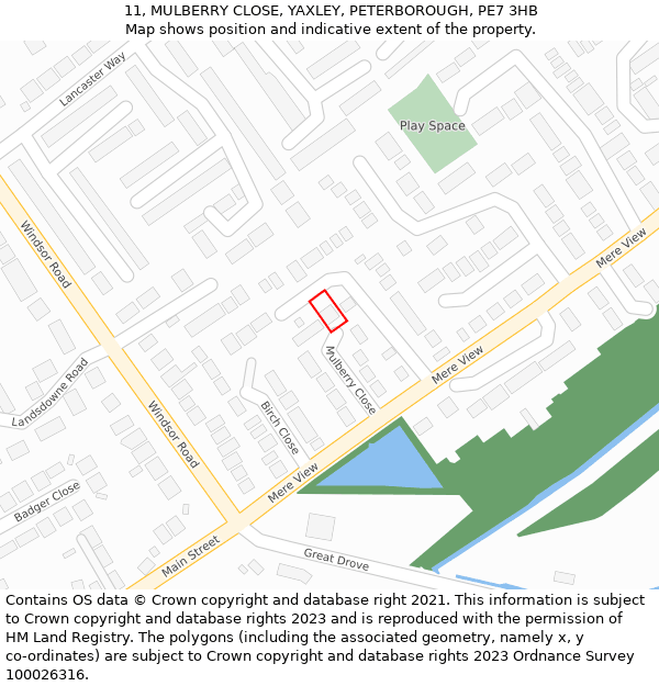 11, MULBERRY CLOSE, YAXLEY, PETERBOROUGH, PE7 3HB: Location map and indicative extent of plot