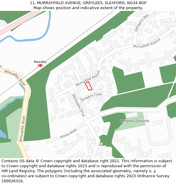 11, MURRAYFIELD AVENUE, GREYLEES, SLEAFORD, NG34 8GP: Location map and indicative extent of plot