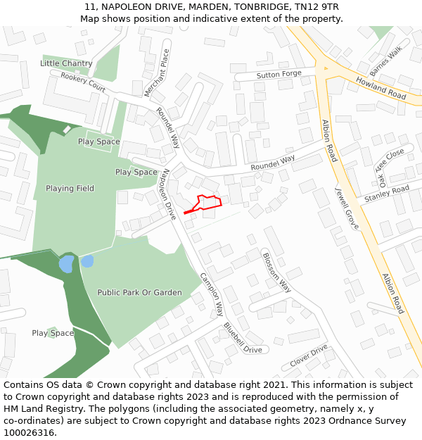 11, NAPOLEON DRIVE, MARDEN, TONBRIDGE, TN12 9TR: Location map and indicative extent of plot