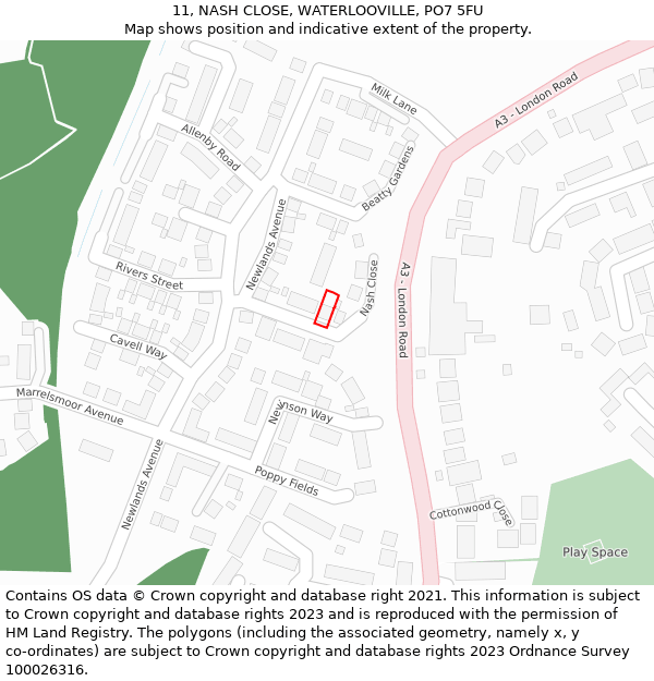 11, NASH CLOSE, WATERLOOVILLE, PO7 5FU: Location map and indicative extent of plot