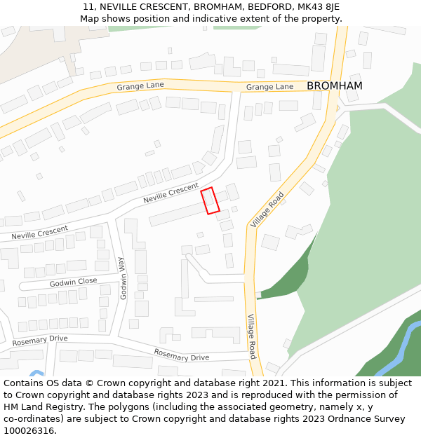 11, NEVILLE CRESCENT, BROMHAM, BEDFORD, MK43 8JE: Location map and indicative extent of plot