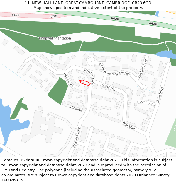 11, NEW HALL LANE, GREAT CAMBOURNE, CAMBRIDGE, CB23 6GD: Location map and indicative extent of plot