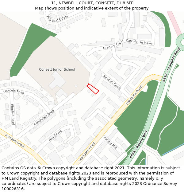11, NEWBELL COURT, CONSETT, DH8 6FE: Location map and indicative extent of plot