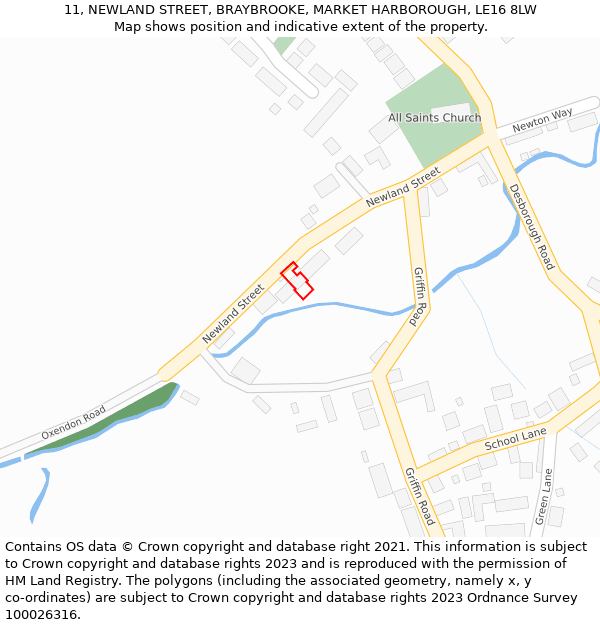 11, NEWLAND STREET, BRAYBROOKE, MARKET HARBOROUGH, LE16 8LW: Location map and indicative extent of plot