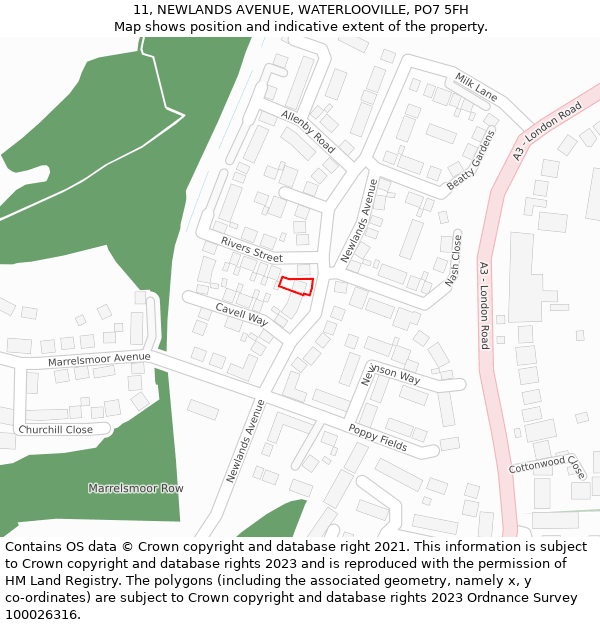 11, NEWLANDS AVENUE, WATERLOOVILLE, PO7 5FH: Location map and indicative extent of plot