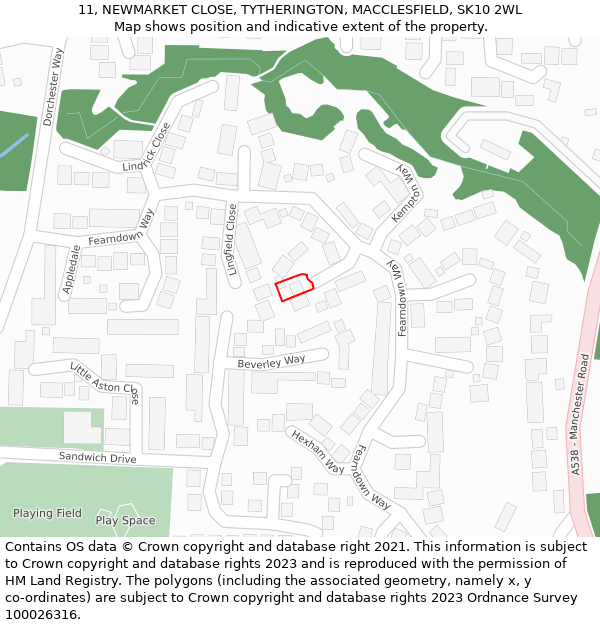 11, NEWMARKET CLOSE, TYTHERINGTON, MACCLESFIELD, SK10 2WL: Location map and indicative extent of plot