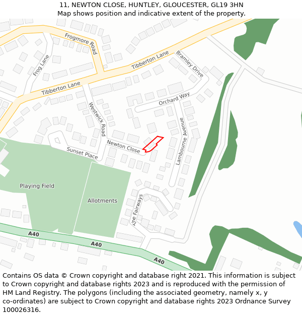 11, NEWTON CLOSE, HUNTLEY, GLOUCESTER, GL19 3HN: Location map and indicative extent of plot