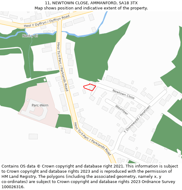 11, NEWTOWN CLOSE, AMMANFORD, SA18 3TX: Location map and indicative extent of plot