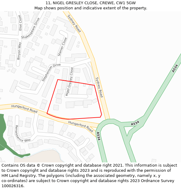 11, NIGEL GRESLEY CLOSE, CREWE, CW1 5GW: Location map and indicative extent of plot