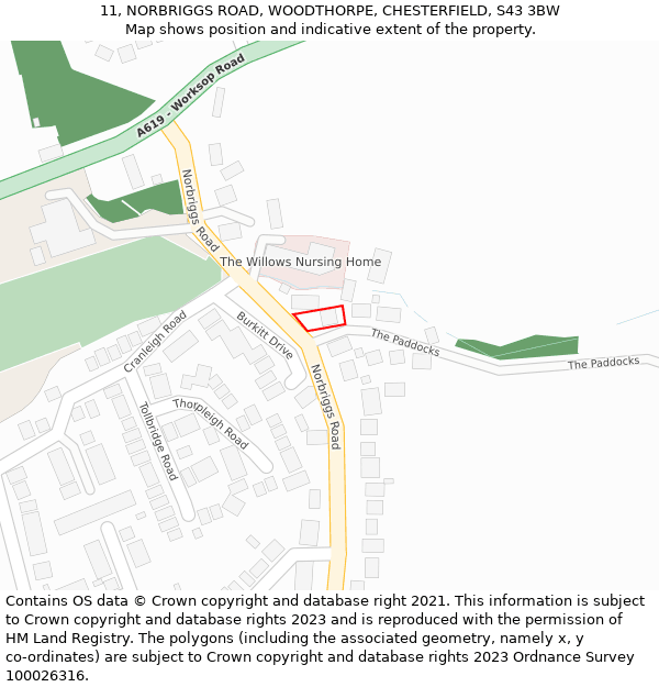 11, NORBRIGGS ROAD, WOODTHORPE, CHESTERFIELD, S43 3BW: Location map and indicative extent of plot