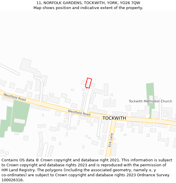 11, NORFOLK GARDENS, TOCKWITH, YORK, YO26 7QW: Location map and indicative extent of plot