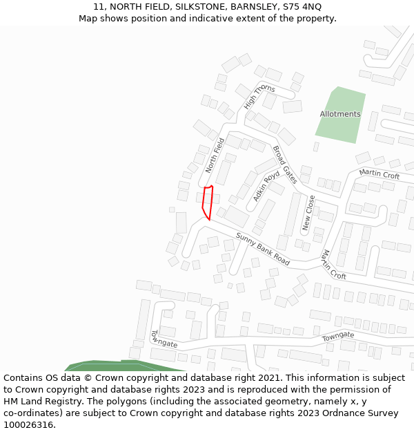 11, NORTH FIELD, SILKSTONE, BARNSLEY, S75 4NQ: Location map and indicative extent of plot