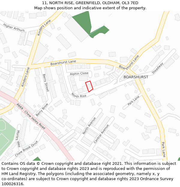 11, NORTH RISE, GREENFIELD, OLDHAM, OL3 7ED: Location map and indicative extent of plot