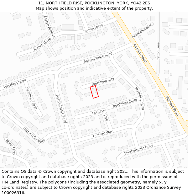 11, NORTHFIELD RISE, POCKLINGTON, YORK, YO42 2ES: Location map and indicative extent of plot