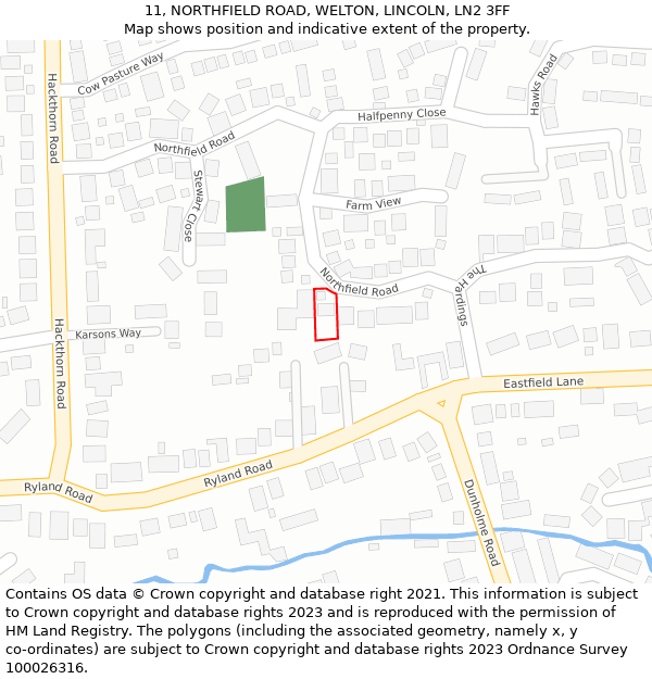 11, NORTHFIELD ROAD, WELTON, LINCOLN, LN2 3FF: Location map and indicative extent of plot