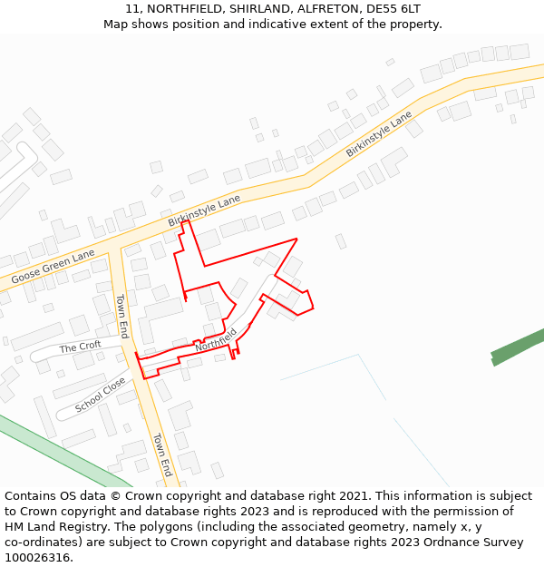 11, NORTHFIELD, SHIRLAND, ALFRETON, DE55 6LT: Location map and indicative extent of plot