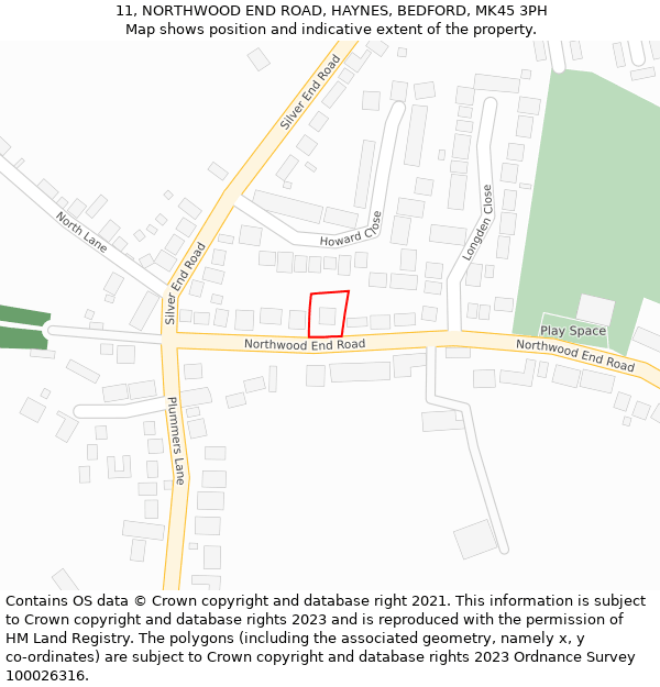 11, NORTHWOOD END ROAD, HAYNES, BEDFORD, MK45 3PH: Location map and indicative extent of plot