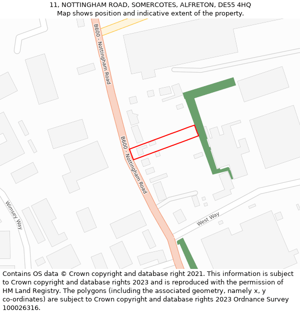 11, NOTTINGHAM ROAD, SOMERCOTES, ALFRETON, DE55 4HQ: Location map and indicative extent of plot