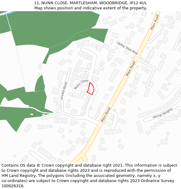 11, NUNN CLOSE, MARTLESHAM, WOODBRIDGE, IP12 4UL: Location map and indicative extent of plot