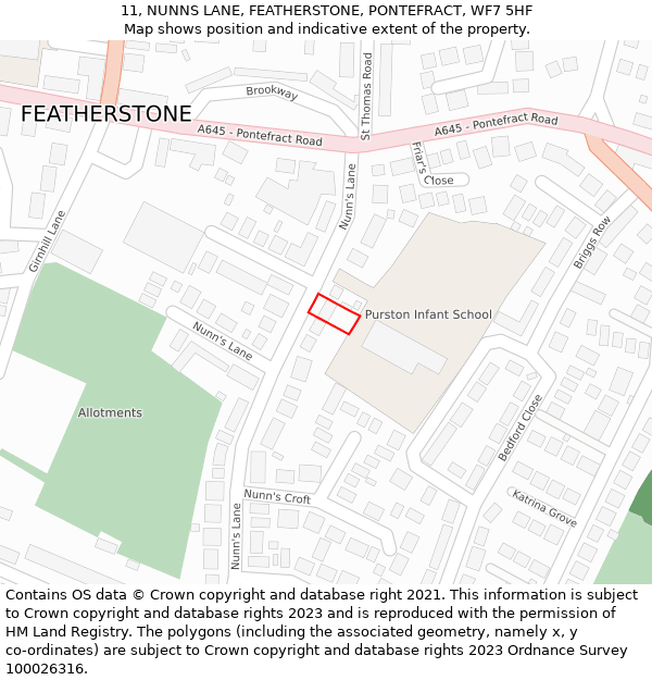 11, NUNNS LANE, FEATHERSTONE, PONTEFRACT, WF7 5HF: Location map and indicative extent of plot
