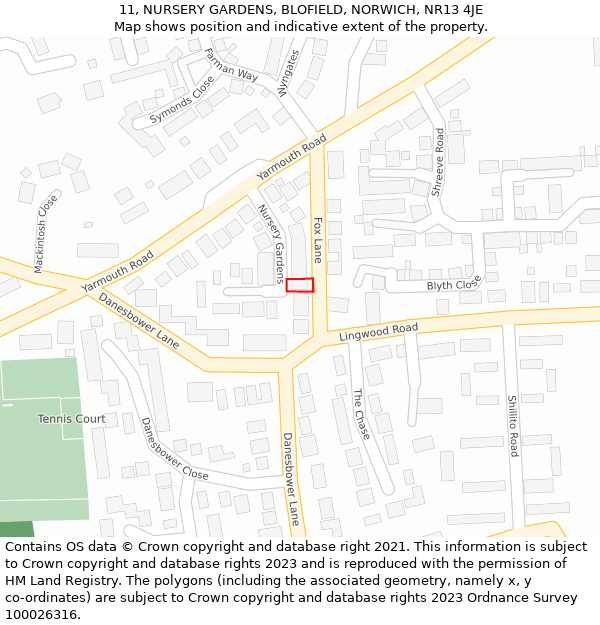 11, NURSERY GARDENS, BLOFIELD, NORWICH, NR13 4JE: Location map and indicative extent of plot