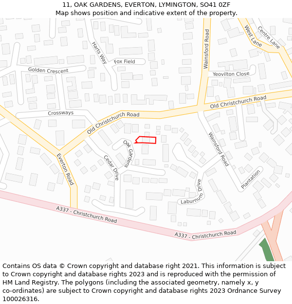 11, OAK GARDENS, EVERTON, LYMINGTON, SO41 0ZF: Location map and indicative extent of plot