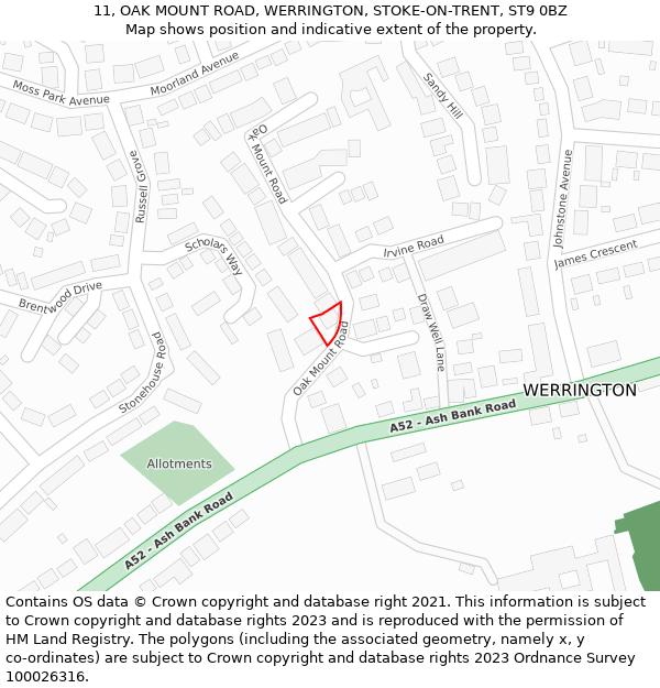 11, OAK MOUNT ROAD, WERRINGTON, STOKE-ON-TRENT, ST9 0BZ: Location map and indicative extent of plot