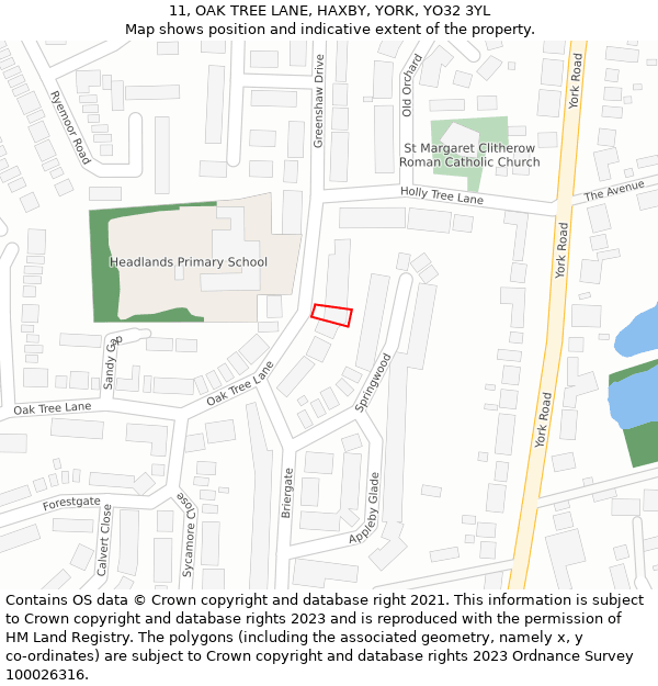 11, OAK TREE LANE, HAXBY, YORK, YO32 3YL: Location map and indicative extent of plot