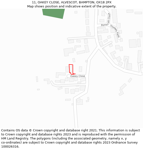 11, OAKEY CLOSE, ALVESCOT, BAMPTON, OX18 2PX: Location map and indicative extent of plot