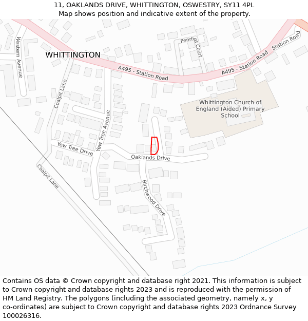 11, OAKLANDS DRIVE, WHITTINGTON, OSWESTRY, SY11 4PL: Location map and indicative extent of plot