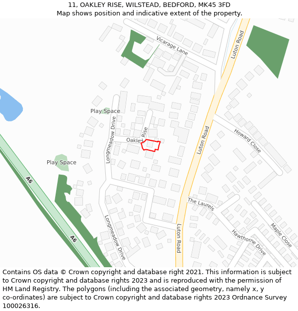 11, OAKLEY RISE, WILSTEAD, BEDFORD, MK45 3FD: Location map and indicative extent of plot