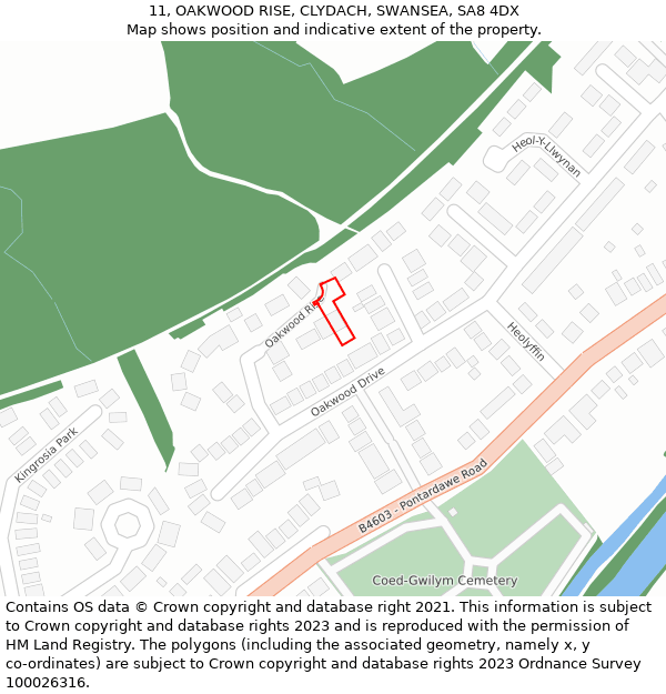 11, OAKWOOD RISE, CLYDACH, SWANSEA, SA8 4DX: Location map and indicative extent of plot