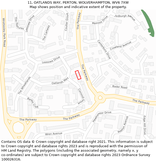 11, OATLANDS WAY, PERTON, WOLVERHAMPTON, WV6 7XW: Location map and indicative extent of plot