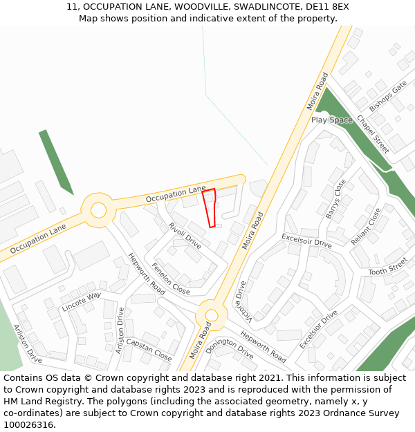 11, OCCUPATION LANE, WOODVILLE, SWADLINCOTE, DE11 8EX: Location map and indicative extent of plot