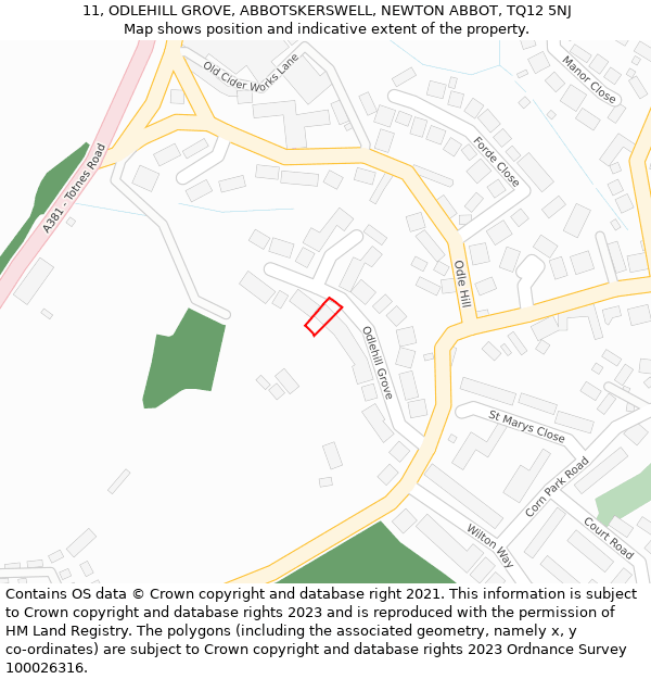 11, ODLEHILL GROVE, ABBOTSKERSWELL, NEWTON ABBOT, TQ12 5NJ: Location map and indicative extent of plot